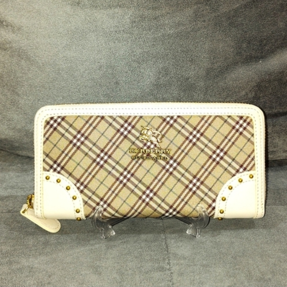 BURBERRY BLUE LABEL NOVA CHECK & WHITE LEATHER GOLD STUDS ZIPPY LONG WALLET